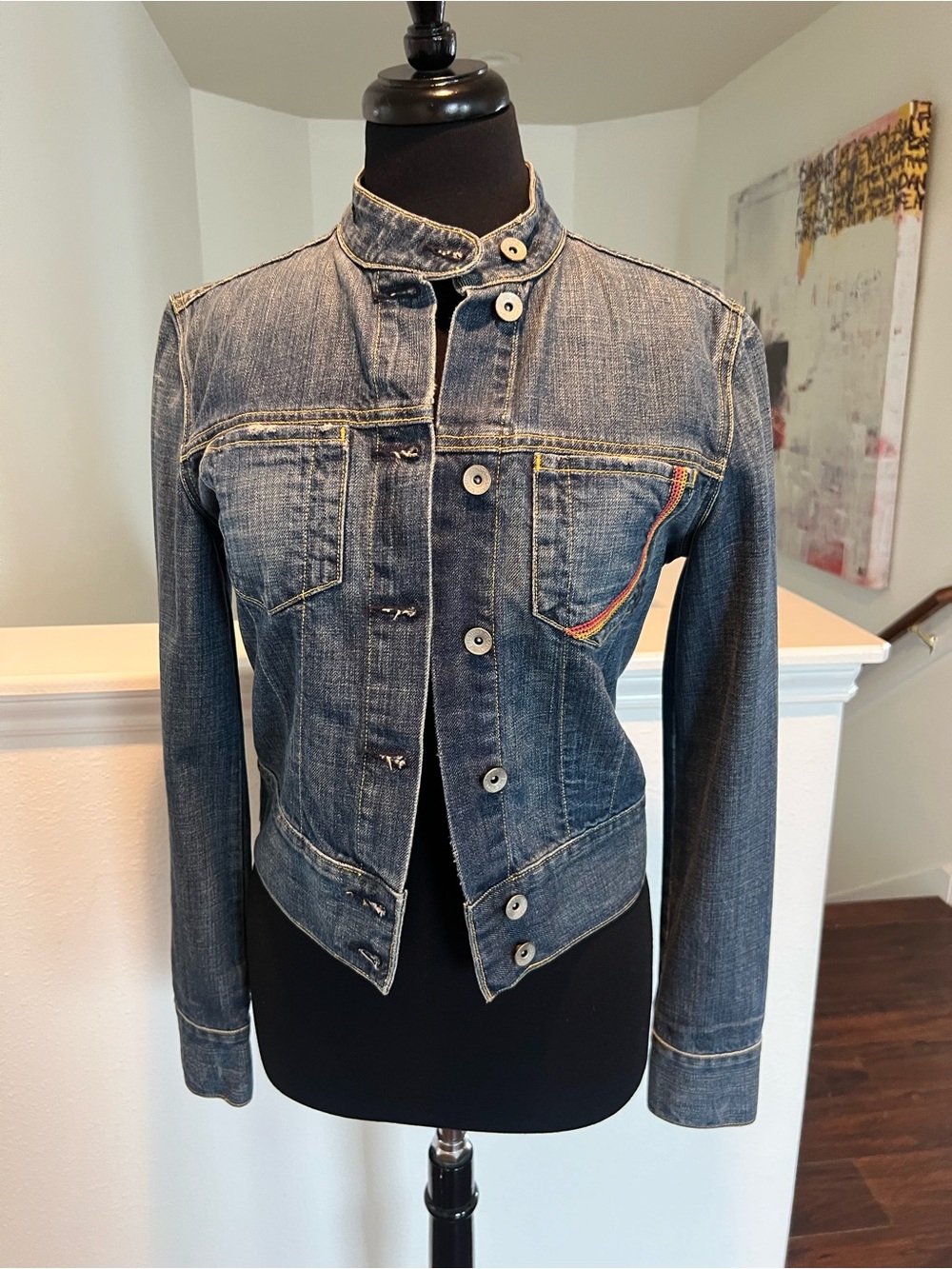 Paper Denim & Cloth Fitted Blue Denim Jacket with Rainbow Pocket Trim